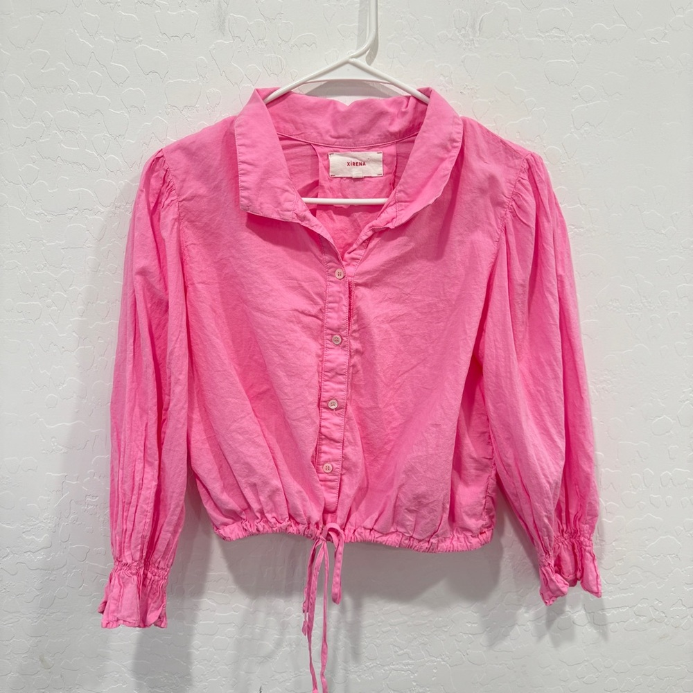 XiRENA Shirt Womens XS Bright Pink Cropped Button Front Cotton Coquette Girl